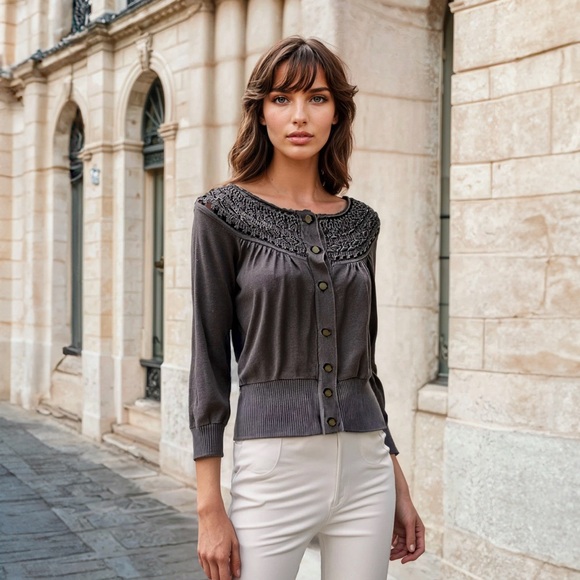 Banana Republic Sweaters - Banana Republic | Women’s Taupe Crocheted Accented Knit Cardigan | Size S